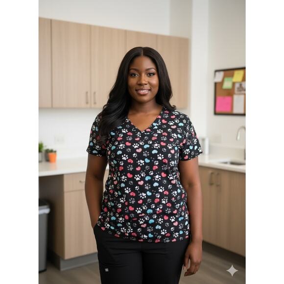 ZOE+CHLOE XL V-NECK PAW PRINT SCRUB TOP Medical - Picture 1 of 6